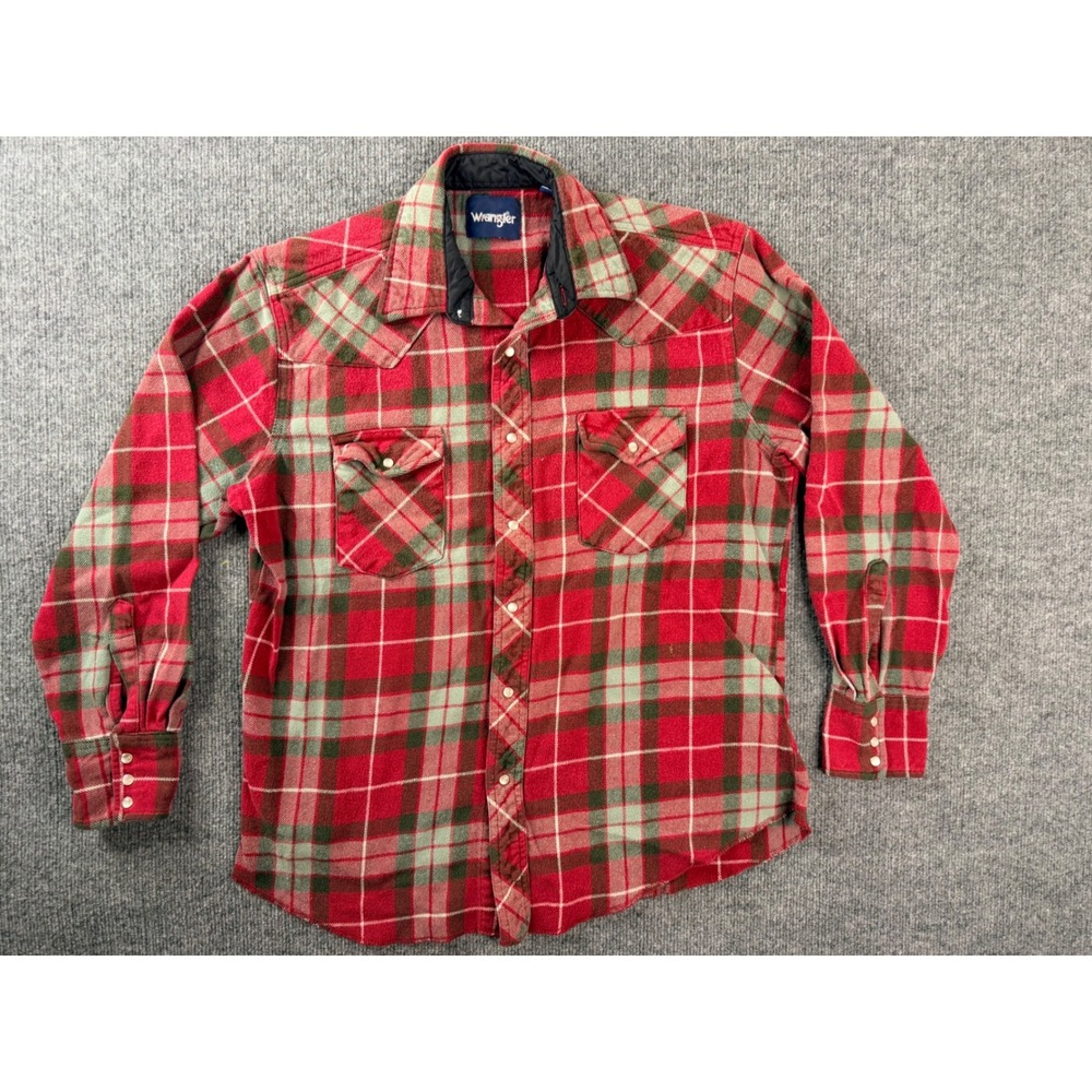 Wrangler Mens Large Red Green Plaid Cotton Flannel Western Pearl Snap Shirt Y2K